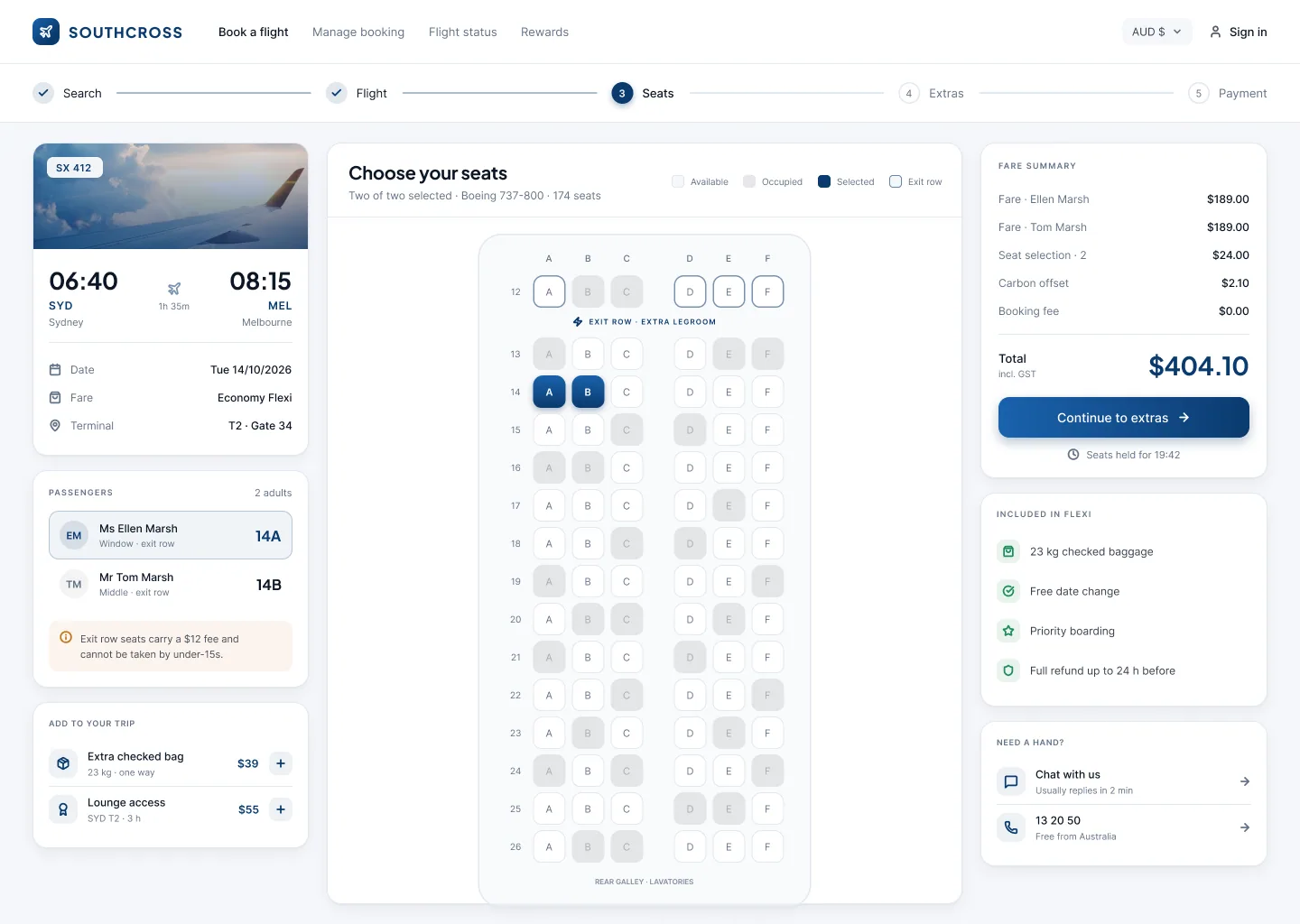 비퍼블리시(bpublish)가 만든 Southcross UI/UX 화면. 항공편 검색부터 좌석과 부가 서비스 선택, 결제까지 연결한 예약 서비스