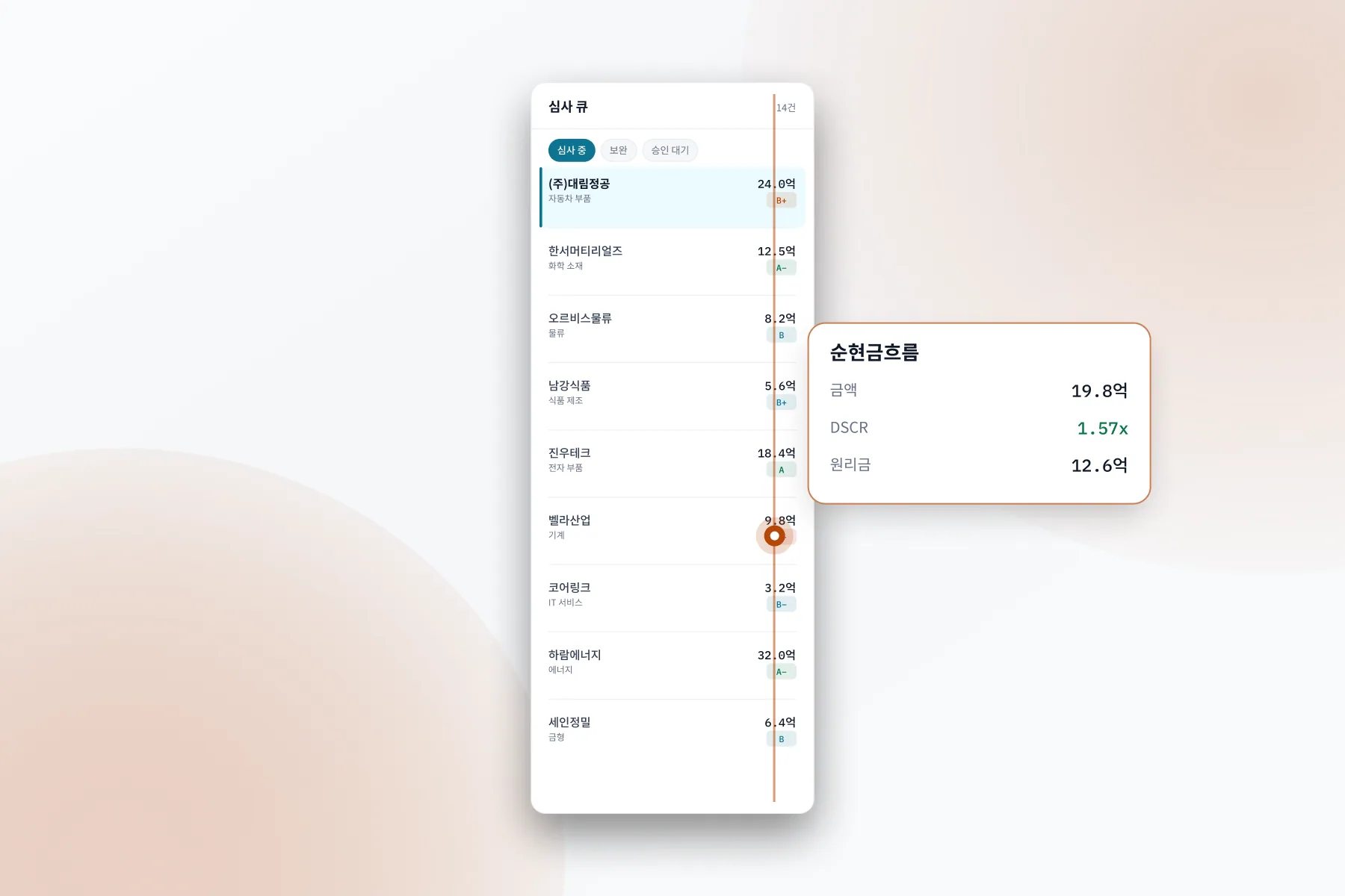 Clearfold Credit 화면: 한 건의 심사를 한 화면에서 완료합니다