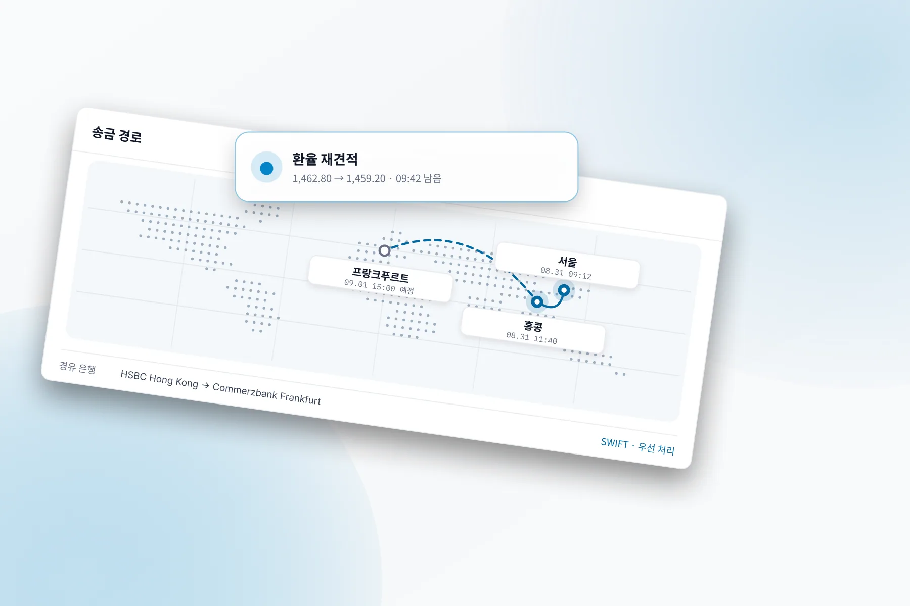 Farline Exchange 화면: 수취 금액을 송금 전에 확정해 보여 줍니다