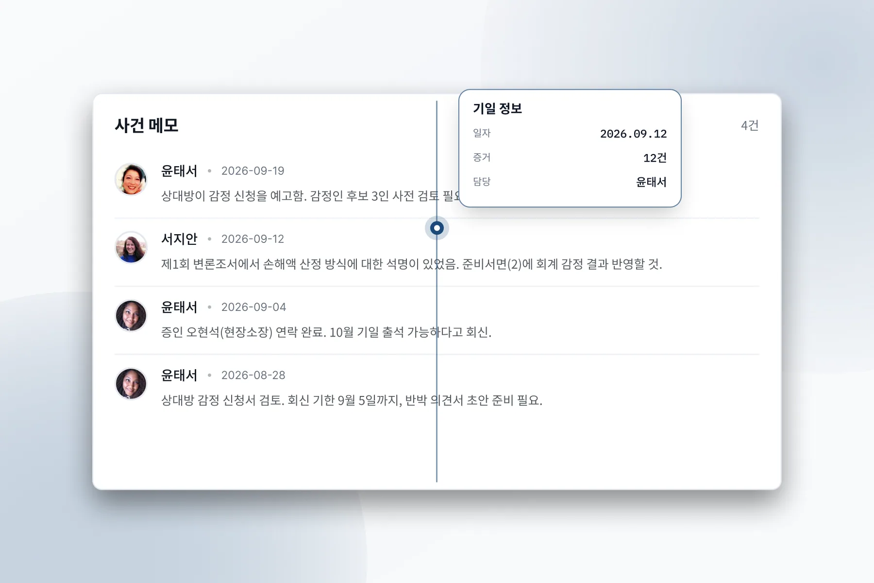 로우데스크 화면: 사건을 남은 기일 순으로 정렬합니다
